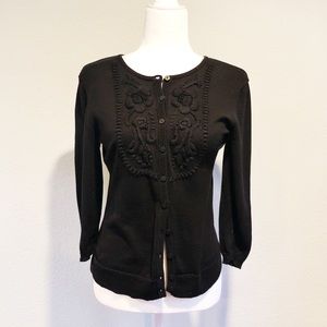 Black Cardigan with Flower Embroidered Detail